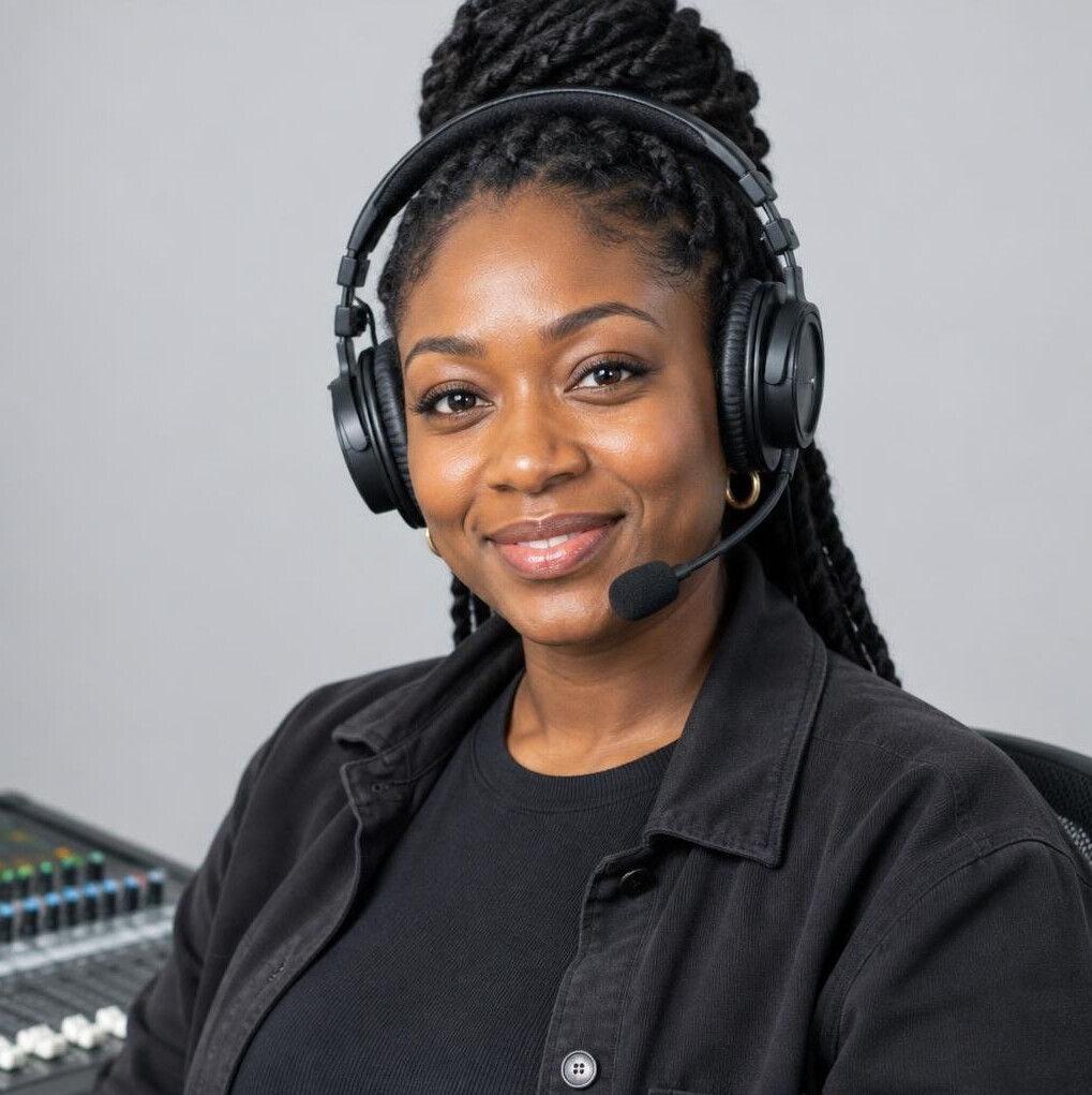 Portrait of a female audio engineer at a mixing desk