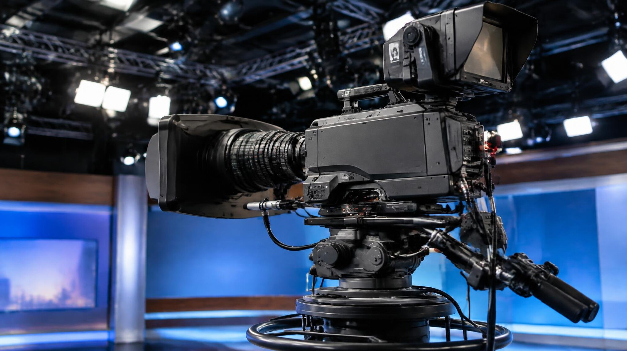 Television studio camera rig set up on a soundstage