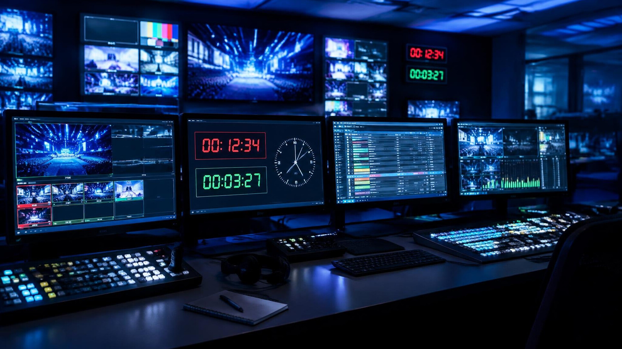 Technical director monitoring multiple broadcast timing displays