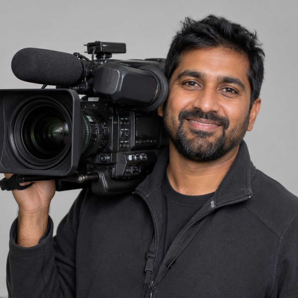 Portrait of a camera operator holding a broadcast camera