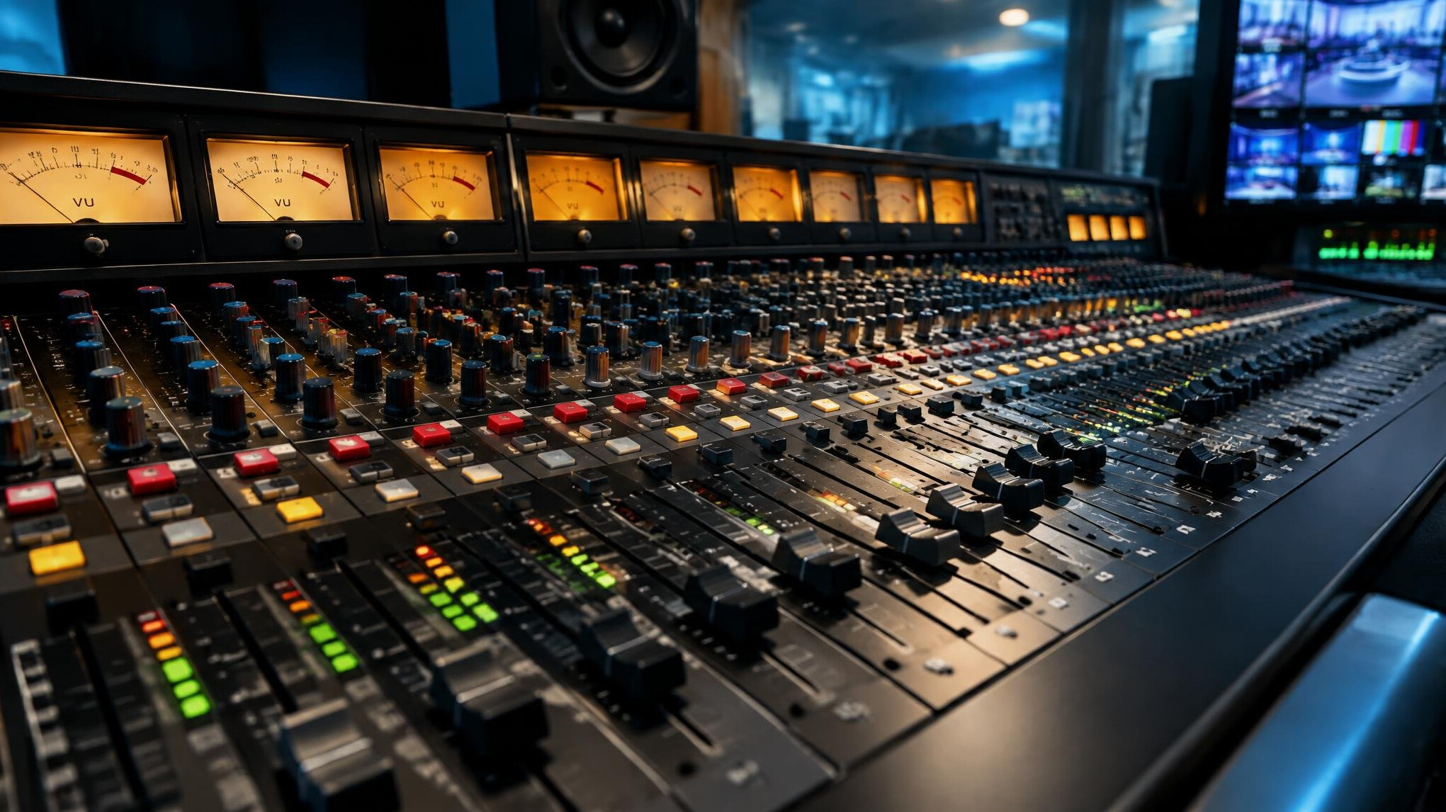 Close up of an audio mixing console with sliders and meters