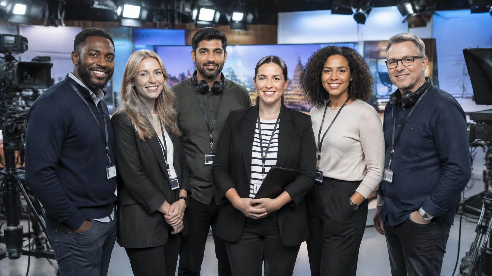 Diverse broadcast production team standing together in a studio