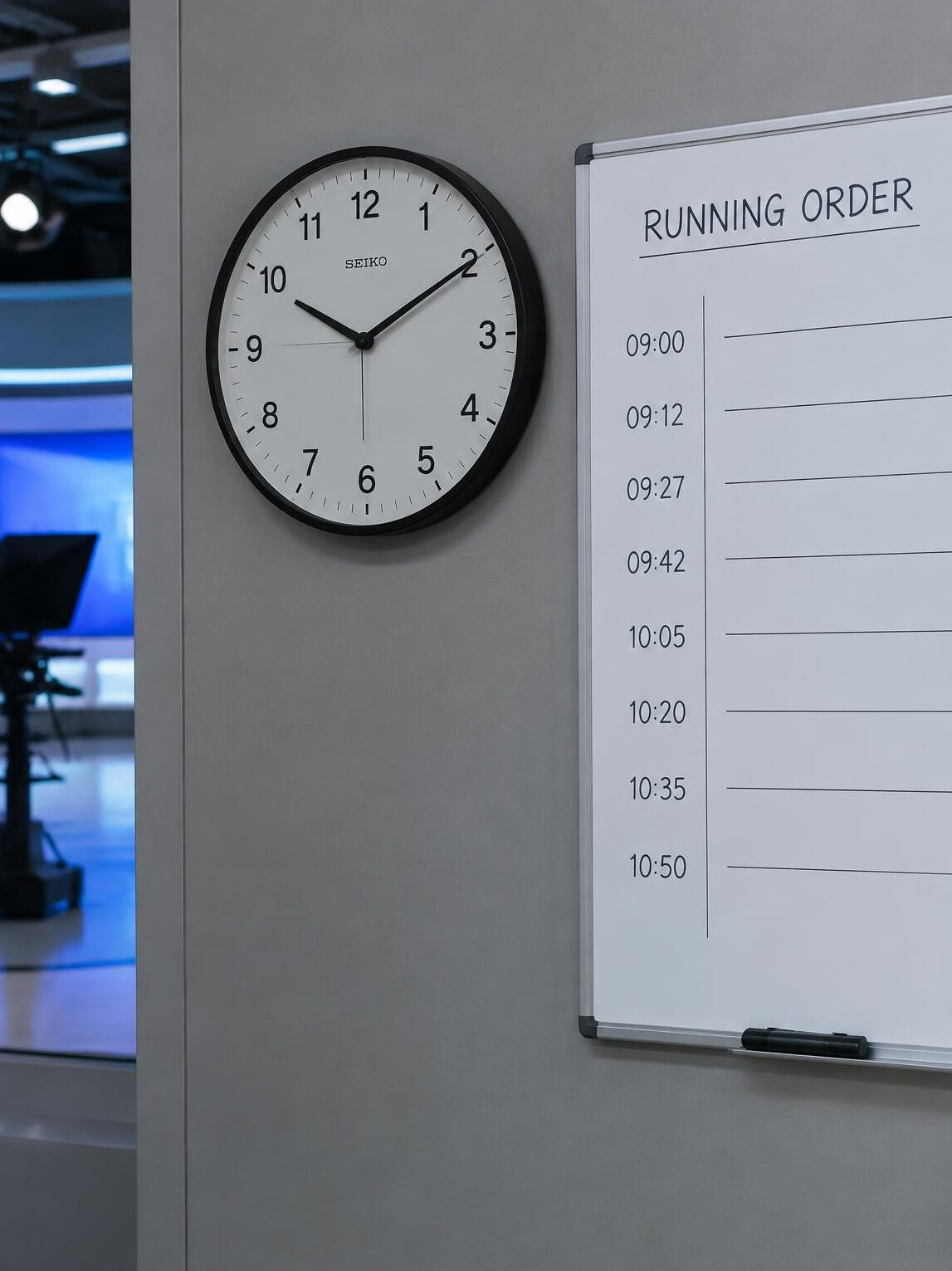 Studio wall clock and running order schedule board