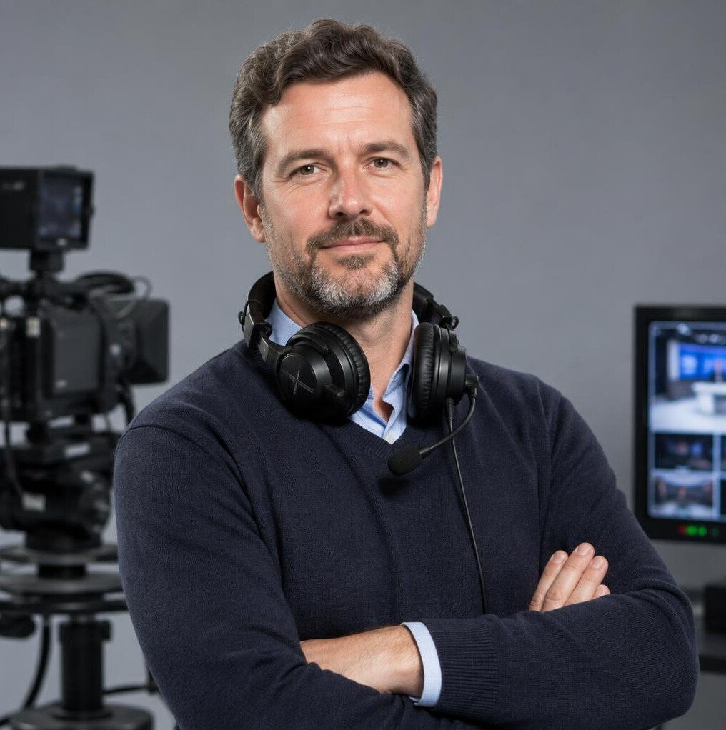 Portrait of a broadcast director wearing headset in a studio